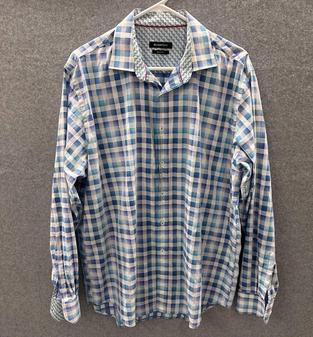 Bugatchi Uomo Dress Shirt Mens Size Large Classic Fit Flip Cuff Button Up Blue